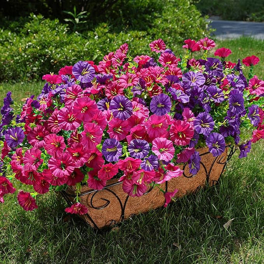 Artificial Flowers for Outdoors Fake Plants Outside Decoration, 12 Bundles Silk Colorful Morning Glory with Eucalyptus UV Resistant Realistic Faux Flowers for Planter Porch Patio Yard Garden