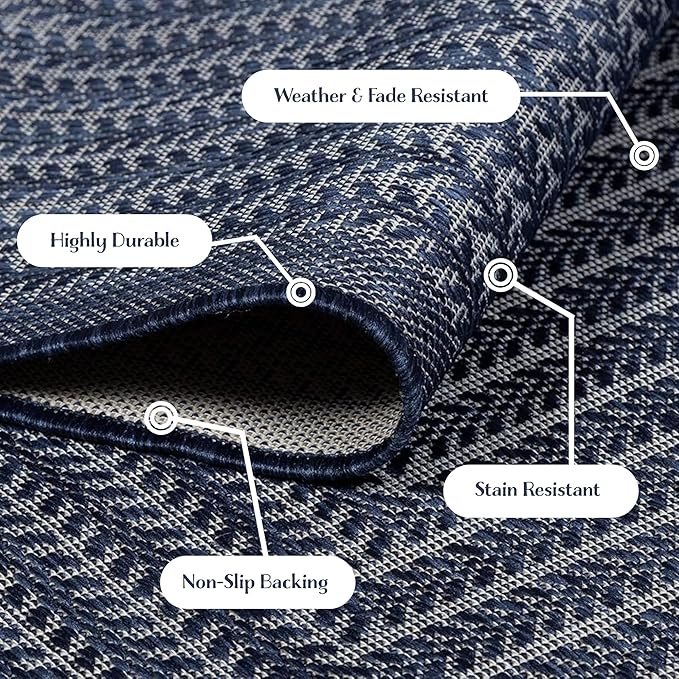 Adiva Rugs Outdoor Indoor Area Rug, Weather Resistant, Easy to Clean, Stain Resistant Floor Mat for Dining Room, Backyard, Deck, Patio (Navy Weiss, 2'6" x 7')