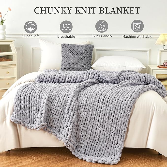 Admitrack Chunky Knit Blanket Throw, 100% Hand Knit Chenille Throw Blanket for Sofa & Home Decor, Soft and Cozy Knitted Throw Blankets (Light Gray，51"x63")