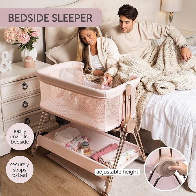 Baby Bedside Sleeper - Bassinet & Bedside Crib with Height Adjustment & Wheels - Can Be Placed Next to Bed - Attaches to Parents Bed - Easy to Fold & Carry Bassinet for Girls (Pink)