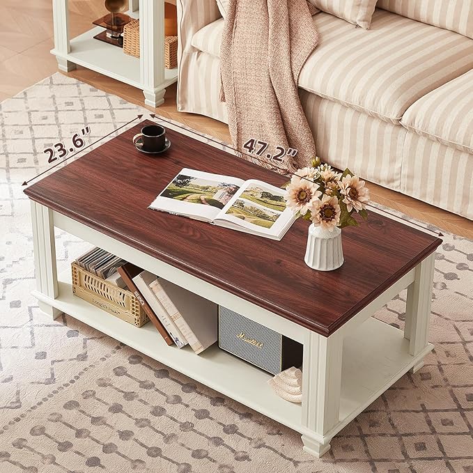 Farmhouse Coffee Tables for Living Room,Square Tea Table with Open Storage Shelf,Large Coffee Table,Rustic Wooden Center Table,White