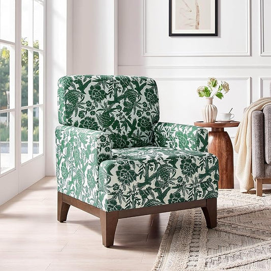 Floral Accent Armchair, Retro Wingback Upholstered Armchair with Wide Dipped Back Design and Wooden Legs, High Back Armchair, Leisure Single Sofa Chair for Living Room, Bedroom, Balcony, Green