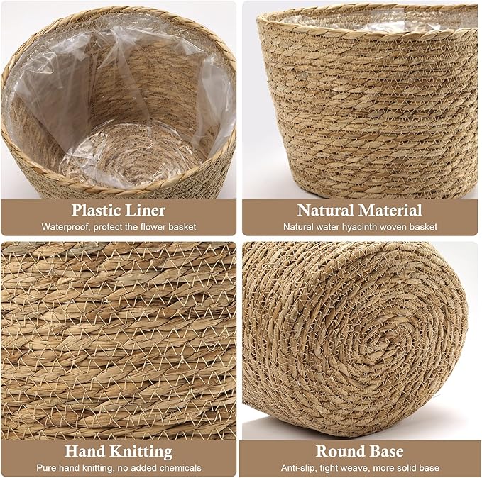 Athaliah Plant Basket, 3 PCS Plant Baskets Indoor with Plastic Liner, Water Hyacinth Woven Planters Flower Basket, Planter Basket for Rustic Boho Home Farmhouse Floor Potted Pots Decor