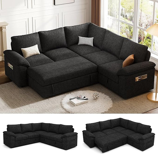 85 Inch Modular Sectional Sofa with Pull Out Bed,L Shaped 5 Seat Sectional Sleeper Sofa with Storage,Sectional Couches for Living Room,Cloud Modular Couch,Removable Sofa Cover,Black