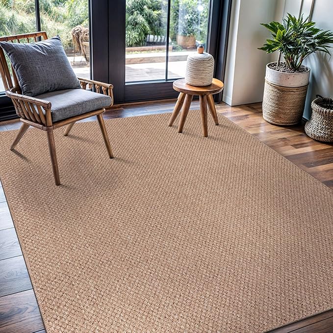 CAMILSON Easy Jute Rug 9x12, Large Indoor Outdoor Natural Color Farmhouse Area Rugs for Living Room Patio and Kitchen Rug, Solid Boho Woven Design, Easy-Cleaning, Washable Outside Carpet (9 x 12)