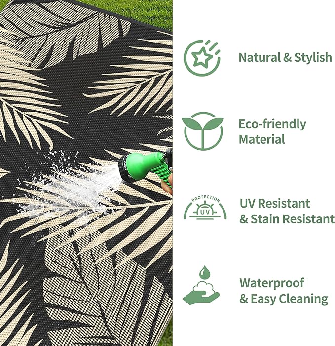 GENIMO Outdoor Rug 6' x 9' Waterproof for Patios Clearance, Reversible Outdoor Plastic Straw Camping Rug Carpet, Large Area Rugs Mats for RV, Camper, Deck, Balcony, Porch, Beach, Picnic, Black&Beige