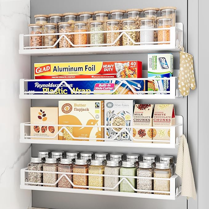 16.9 Inch Wide Large Capacity Magnetic Spice Rack for Refrigerator, 4 Pack Metal Fridge Shelf, White