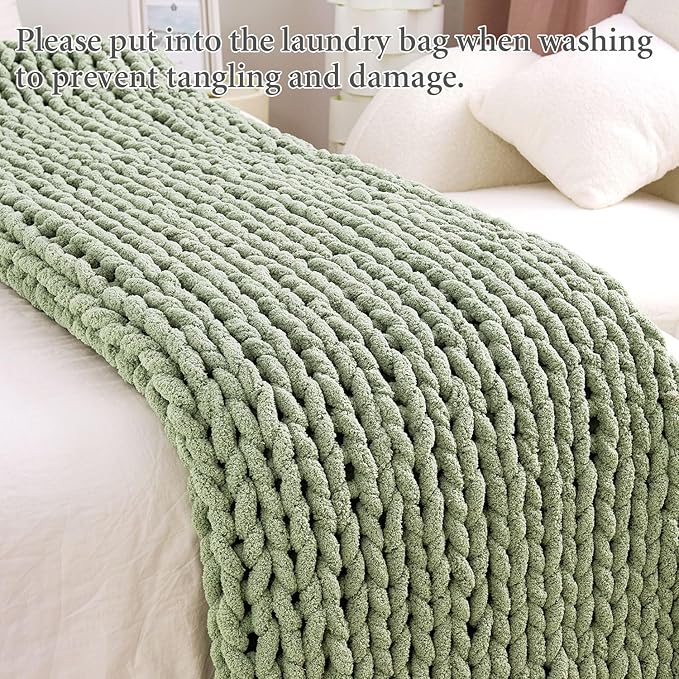 Admitrack Chunky Knit Blanket Throw, 100% Hand Knit Chenille Throw Blanket for Sofa & Home Decor, Soft and Cozy Knitted Throw Blankets (Sage Green, 60""x80""), XNR010
