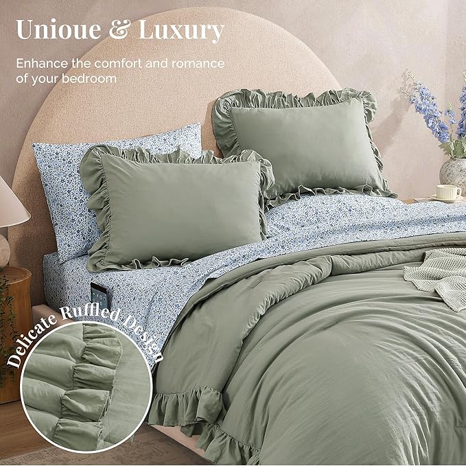 Full Comforter Set - 7 Pieces Ruffle Sage Green Bedding Sets, Shabby Chic Farmhouse Bed in a Bag Full with Ruffle Comforter, Floral Sheets, Pillowcases & Shams