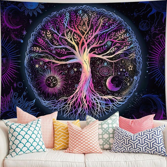 FORATER Tree of Life Tapestry Wall Hanging Colorful Life Tree Tapestries Aesthetic Sun and Moon Galaxy Wall Tapestry for Bedroom Living Room Dorm(36 x 48 Inch, Multicolor)