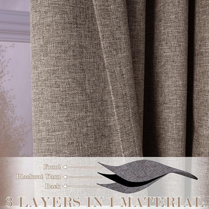 Extra Wide 100% Blackout Linen Textured Curtains - Room Dividers, W200 x L96 (1 Panel), Pinch Pleat Drapes for Living Room, Full Light Block Out Drapery for Sliding Door, Light Brown