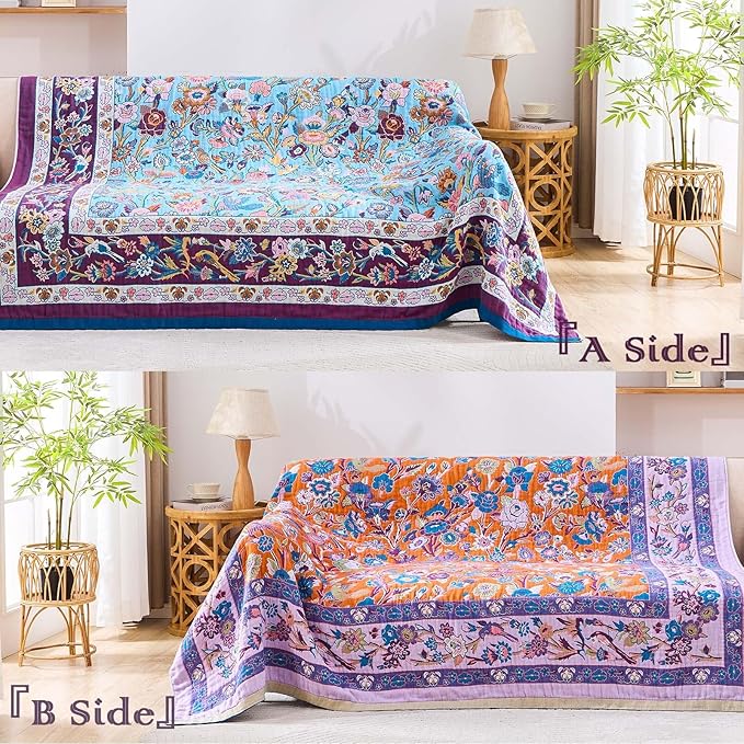 Fall Blanket for Bed, 100% Cotton Soft Rustic Boho Throw Blanket Quilt, 90"x98" Farmhouse Decor Bed Flower Blankets, Light Weight Reversible Bohemian Throw Quilt