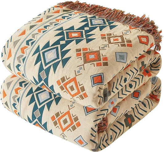 Boho Throw Blanket for Couch Sofa Bed, 100% Cotton Woven Quilt with Tassel 80”x90”, Super Soft Muslin Blanket with Patchwork Printed, Decorative Reversible Bed Blanket/Cover for All Seasons