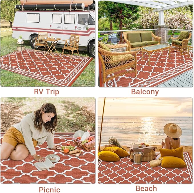 GAOMON Outdoor Rug 9'x12' Waterproof Rug for Patio Decor, Foldable Reversible Plastic Straw Area Rugs Mat for Camper, Outside Carpet for Deck, Porch, Picnic, Beach, Orange/White(Bohemia)