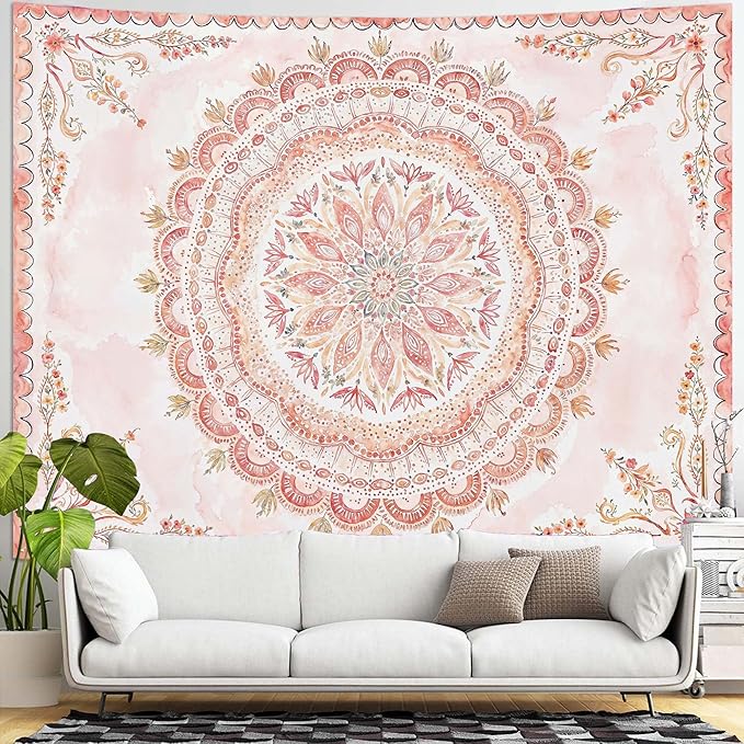 Fowocu Boho Floral Mandala Tapestry Wall Hanging Pink Bohemian Flower Medallion Tapestry Aesthetic Watercolor Hippie Indian Large Tapestries for Bedroom Living Room Dorm Decor 80 x 60 Inch