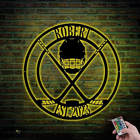 Custom Hockey Medal Holder - Personalized Hockey Wall Sign, Medal Hanger Display Rack with LED Light, Hockey Decor for Boys, Man Cave, Players, Coaches, Fans Gift