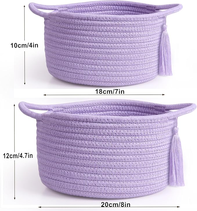 Empty Gift Basket - SweetMemo Mini Woven Rope Organizer Baskets for Baby Shower, Vanity, Makeup Brushes, Bathroom, Shelves, Desk - Small Decorative Storage Bins - Set of 2, Pre-Shaped, Lilac Purple