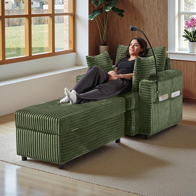 Accent Chair with Storage Ottoman Upholstered Living Room Chairs for Reading Chair with Chaise Lounge Chairs Indoor, Comfortable Armchair for Bedroom