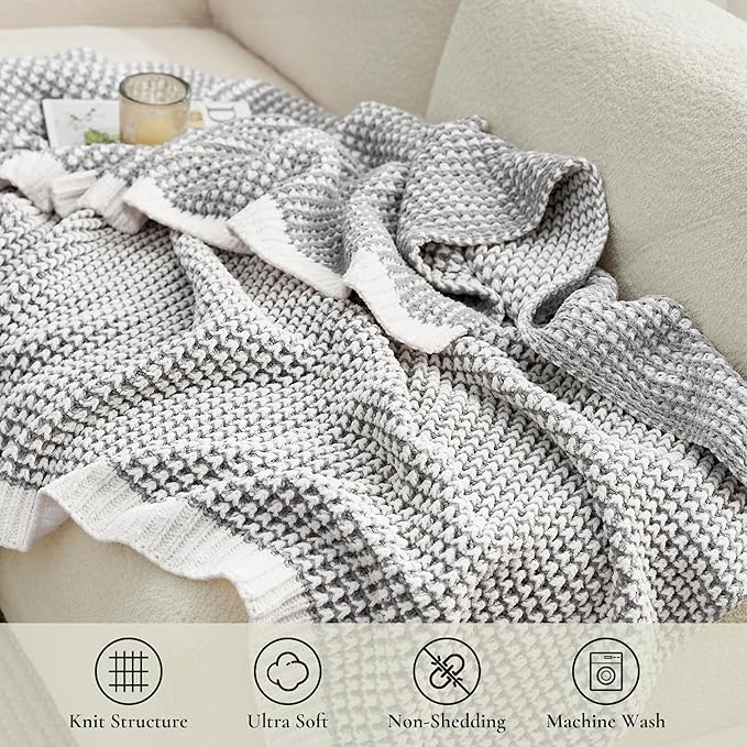 Amélie Home Chenille Waffle Throw Blanket for Couch, Reversible Pineapple Stitch Knit Soft Cozy Knit Blanket Lightweight Warm Decorative Throw for Sofa, Bed, Living Room, 50"x60", Grey&Ivory
