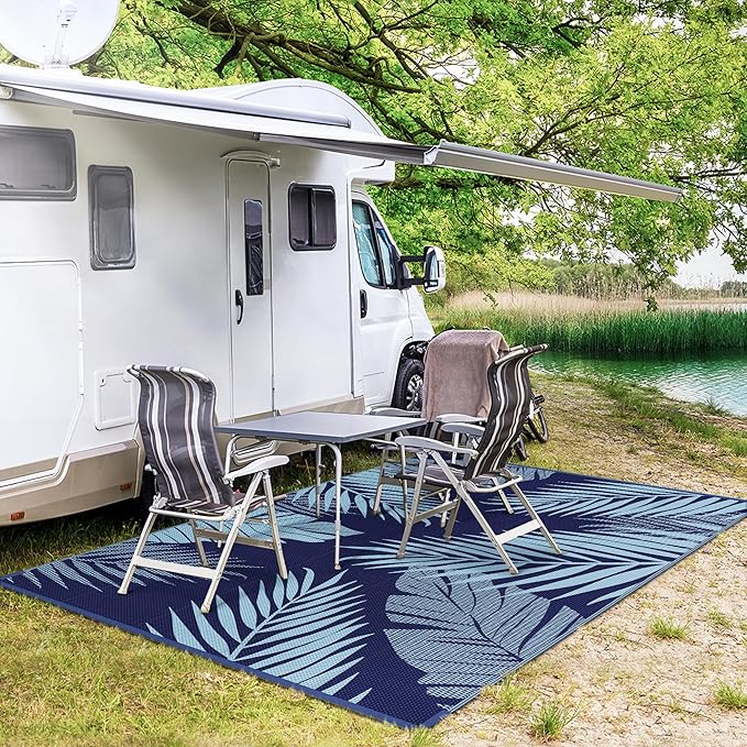 GENIMO Outdoor Rug 6' x 9' Waterproof for Patios Clearance, Reversible Outdoor Plastic Straw Camping Rug Carpet, Large Area Rugs Mats for RV, Camper, Deck, Balcony, Porch, Beach, Navy Blue&Baby Blue