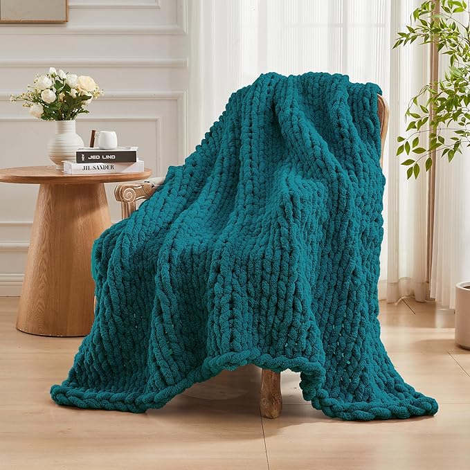 Carriediosa Chunky Knit Throw Blanket 50" X 60", 100% Hand Made Large Chenille Loop Yarn Soft Fluffy Throws for Couch Sofa Bed, Big Crochet Cozy Heavy Thick Cable Woven Blankets, Teal