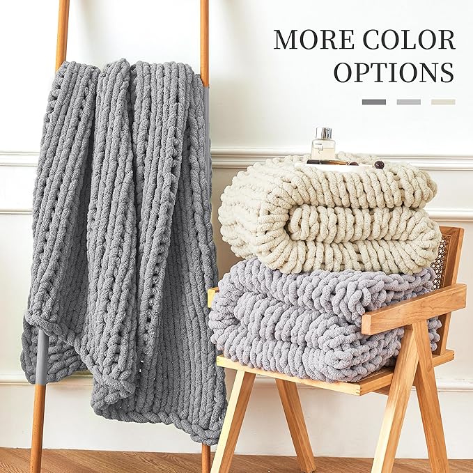 Admitrack Chunky Knit Blanket Throw, 100% Hand Knit Chenille Throw Blanket for Sofa & Home Decor, Soft and Cozy Knitted Throw Blankets (Dark Gray，51""x63""), XNR08