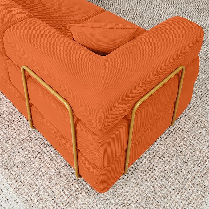 108" Oversized Convertible Sleeper Sofa Bed, Corduroy L Shape Sectional Couch, Folding Sofa Bed with Side Pocket, Modern Cloud Floor Mattress Couch, Modular Sofa for Living Room, Orange