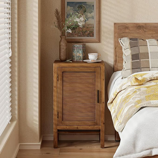 1 Door Farmhouse Nightstand, Rustic Slat Door Cabinet with 2 Shelves, Accent End Table with Storage for Bedroom, Brown