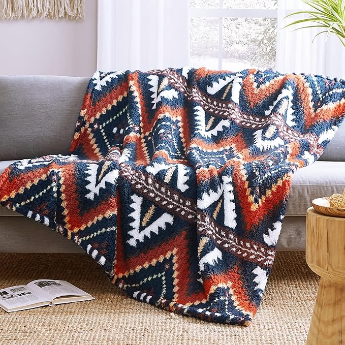 CASAAGUSTO Boho Sherpa Throw Blanket, Aztec Throw, Ultra Soft, Warm, Cozy, Plush, Thick Fleece Bohemian Throw Blanket for Couch, Bed, Sofa (Navy Blue 50 * 60 Inch)