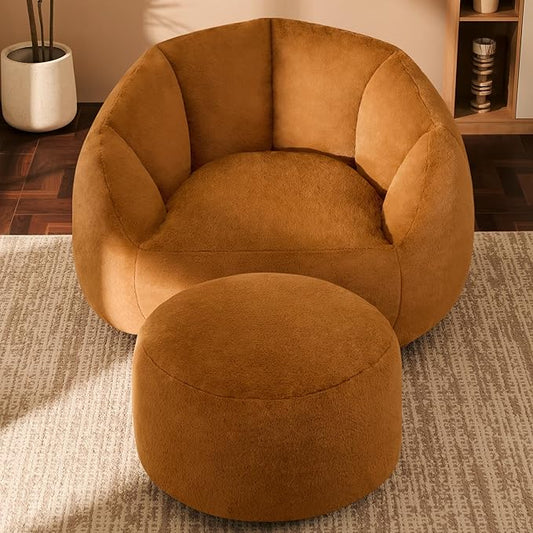 Giant Bean Bag Chaise Lounge Indoor Chair for Adults - Comfy Plush Round Shell Soft Accent Chair, Oversized Cozy Floor Sofa for Living Room, Bedroom & Game Rooms, Orange