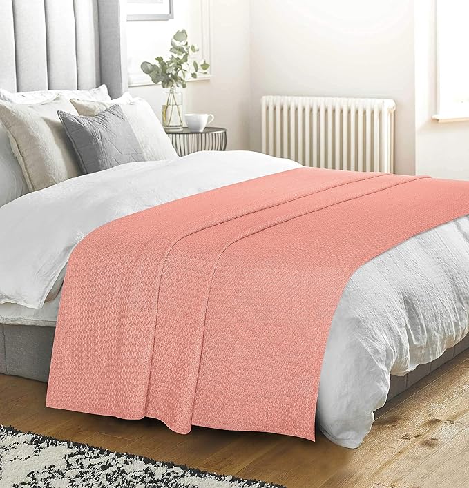 BELIZZI HOME 100% Cotton Bed Blanket, Breathable Bed Blanket Twin Size, Cotton Thermal Blankets Twin, Perfect for Layering Any Bed for All Season, Peach