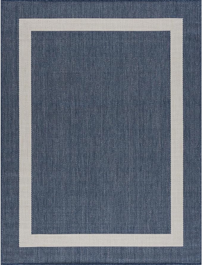 CAMILSON Outdoor Rug 10x14, Large Modern Outside Rugs for Patios Porches Waterproof Durable Washable Non-Shedding, Easy-to-Clean Indoor Outdoor Area Carpet (10 x 14, Bordered - Blue/White)
