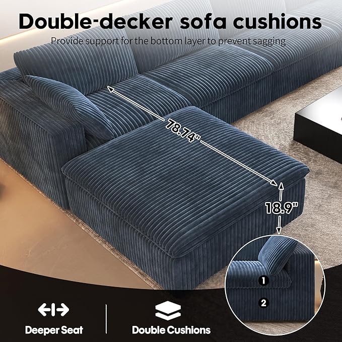 118" 6-Seater Cloud Sofa,Modular Sectional Couch with Ottoman,Modern Deep Seat Upholstered Couches with Plush Corduroy Fabric for Living Room Furniture,Bedroom and Apartment,No Assembly Required,Blue