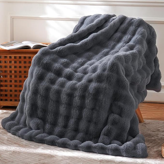 BENVWE Faux Fur Throw Blanket for Couch – Cozy Fuzzy Soft Plush Fluffy Thick Luxury Minky Bubble Blanket for Living Room Home Decor – Fathers Day Birthday Gifts for Women and Men, Grey, 51" x 63"