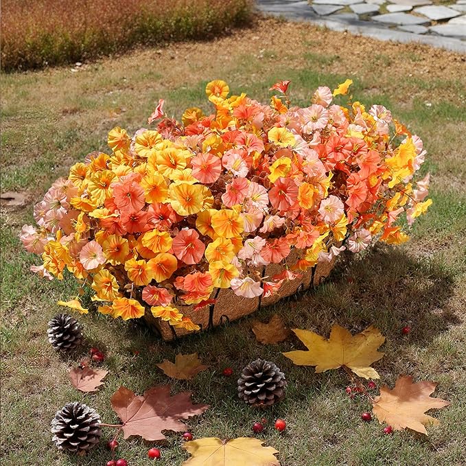 Artificial Mums for Outdoors Fake Fall Flowers Plants for Autumn Decoration, 12 Bundles Silk Morning Glory with Eucalyptus Look Real UV Resistant Faux Mums for Outside Planters Yard Patio Porch, Mix