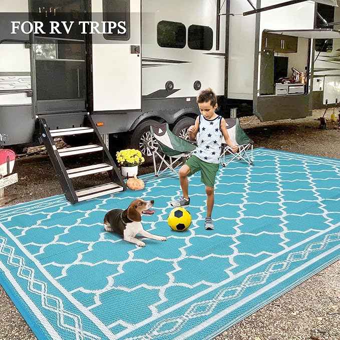 GAOMON Outdoor Rug Waterproof 8'x10', Reversible Outdoor Plastic Straw Rug, Boho Patio Rug, Indoor Outdoor Carpet, RV Mat Outside for Patio, Camp, Picnic, Balcony, Deck, Teal/White(Geometric)