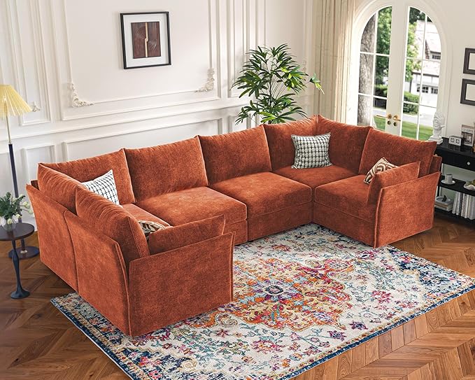 136.4" Oversized Modular Sectional Sofa, U Shaped Convertible Couch with Movable Ottoman, Large 7 Seat Corner Couches for Living Room Deep Seat Terracotta Orange Chenille