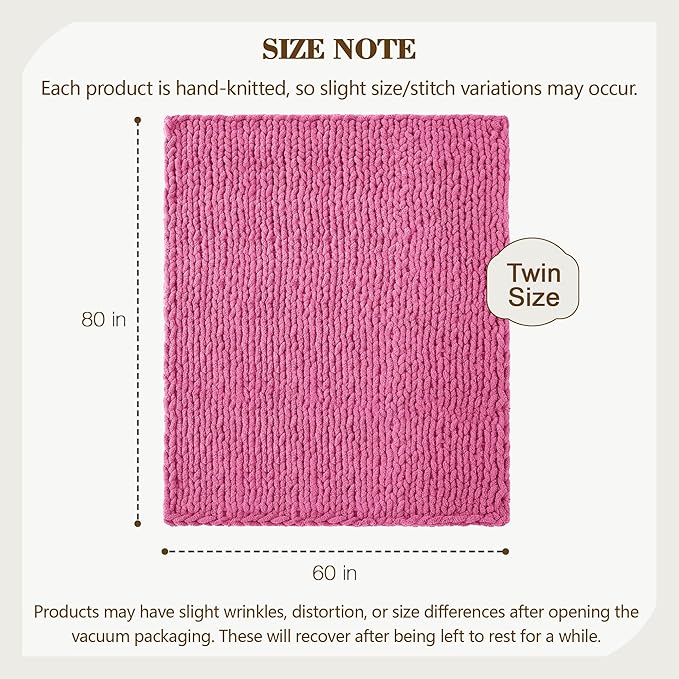 Carriediosa Chunky Knit Throw Blanket 60" X 80" Twin, 100% Hand Made Large Chenille Loop Yarn Soft Fluffy Throws for Couch Sofa Bed, Big Crochet Cozy Heavy Thick Cable Woven Blankets, Hot Pink