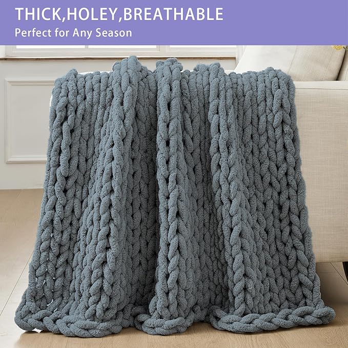 Bigacogo Chunky Knit Throw Blanket for Couch, 40x40 inches, 100% Hand Knitted with Thick Jumbo Chenille Yarn, Cozy Soft Large Rope Knot Cable Crochet Blankets for Sofa Bed Living Room, Iron Gray