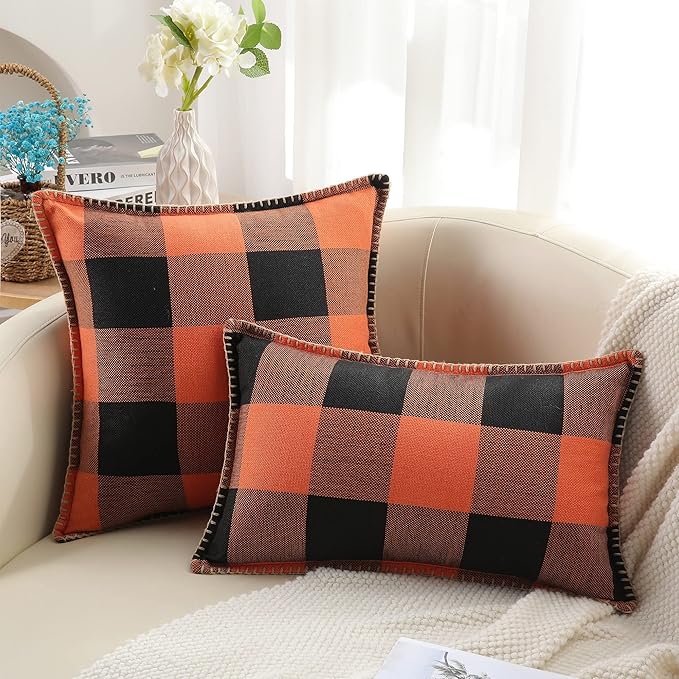 decorUhome Fall Orange and Black Decorative Throw Pillow Covers 16x16 Set of 2, Buffalo Plaid Check Farmhouse Cushion Covers with Stitched Edge for Autumn Harvest Couch Sofa Bed Home Decor