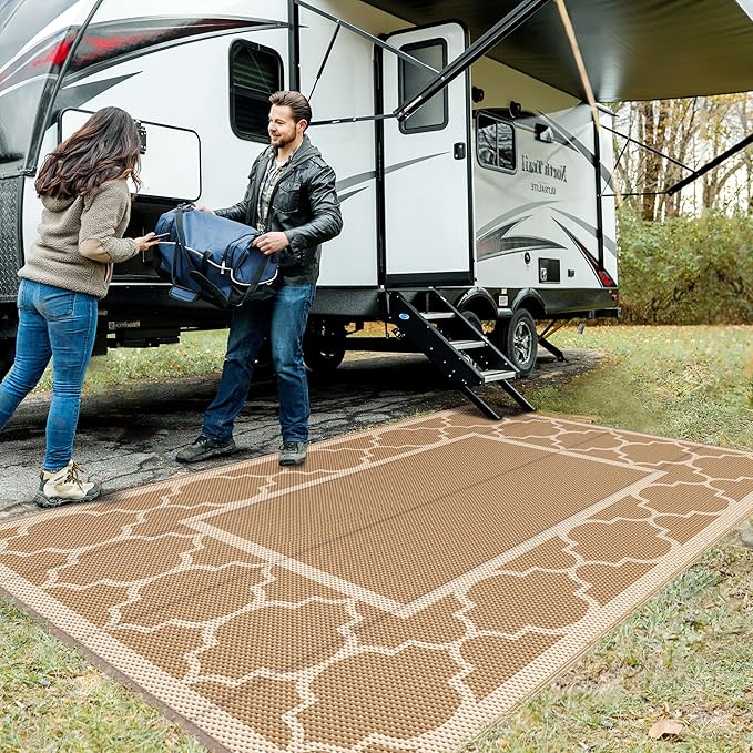 GENIMO 6' x 9' Outdoor Rug Waterproof for Patio Decor, Foldable Reversible Plastic Straw Area Rugs Mat for Camper, Outside Carpet for Rv, Deck, Porch, Picnic, Beach, Balcony, Brown & Beige