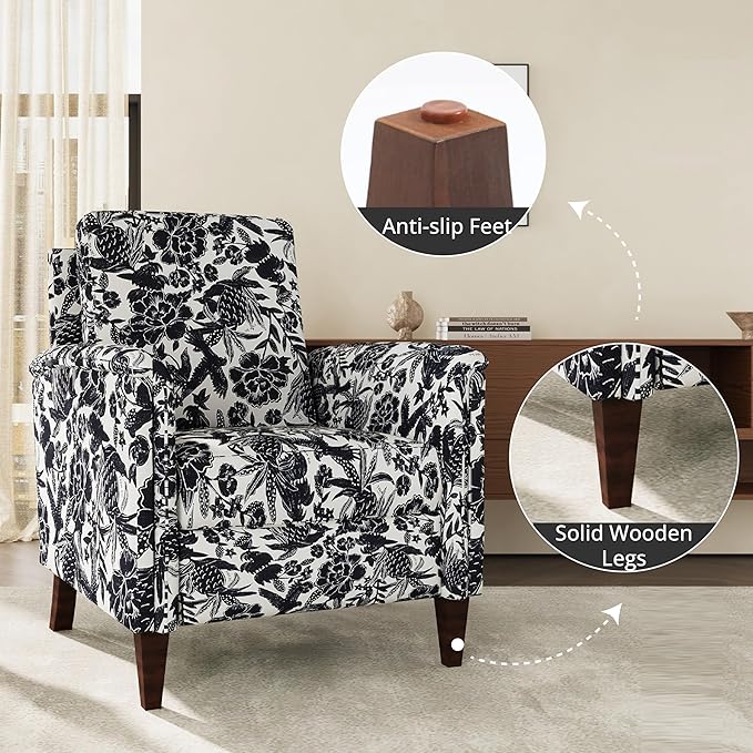 Floral Accent Chair, High Back Upholstered Armchair with Solid Wooden Legs, Padded Armrest and Removable Comfortable Cushioned Seat Single Sofa for Living Room, Bedroom, Black