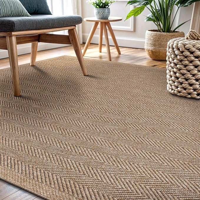 CAMILSON Easy Jute Rug 9x12, Indoor Outdoor Natural Color Fiber Area Rugs for Living Room and Patio Rug Herringbone Seagrass Boho Woven Design Easy-Cleaning Washable Outside Carpet Alfombras 9 x 12
