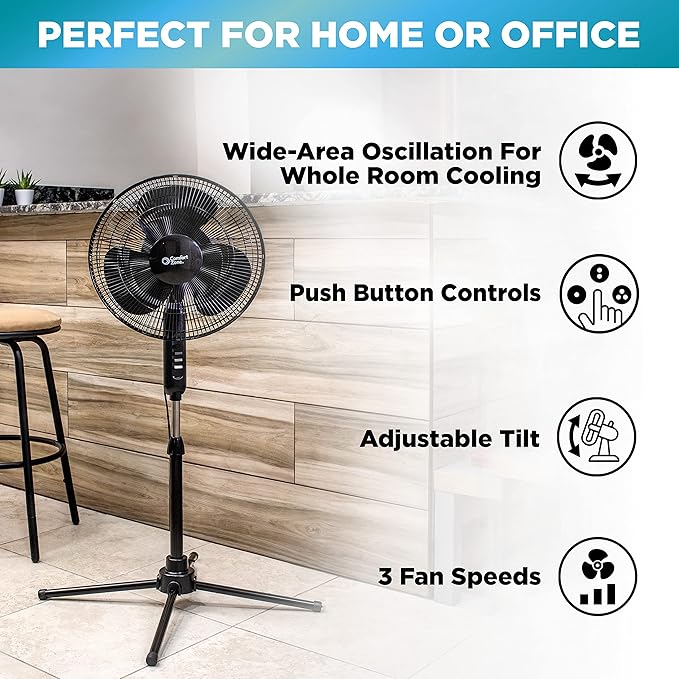 Comfort Zone Electric Oscillating Pedestal Fan, Stand Fan, 16 inch, 3 Speed, 90 Degree Oscillating Head, Adjustable Height and Tilt, Airflow 7.48 ft/sec, Ideal for Home, Bedroom & Office, CZST161BTEBK