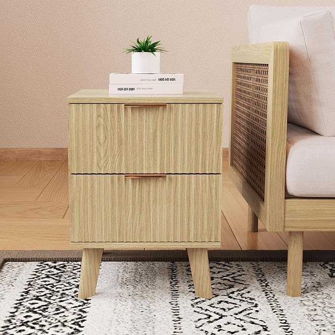 Fluted Nightstand, Mid Century Modern 2 Drawer Bedside Table for Bedroom, Small Dresser Night Stand Side End Table with Wood Fluted Drawer Storage for Bedroom Closet(Natural)