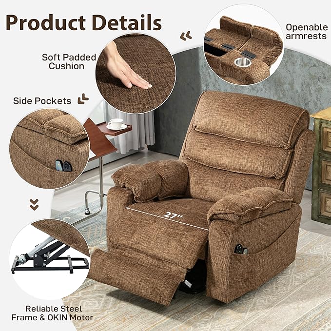 27in Extra Wide Power Lift Recliner Chair for Big Tall with Extended Footrest Heat Massage, Oversized Electric Lift Recliner Chairs for Adults Elderly Seniors, Arm Storage & Cup Holders