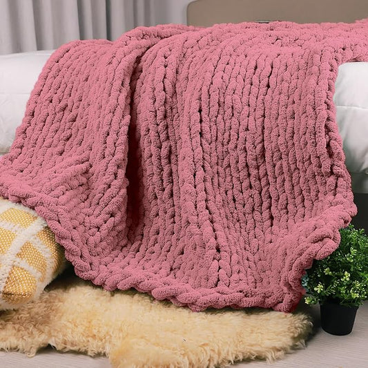 Carriediosa Chunky Knit Throw Blanket 50" X 60", 100% Hand Made Large Chenille Loop Yarn Soft Fluffy Throws for Couch Sofa Bed, Big Crochet Cozy Heavy Thick Cable Woven Blanket, Mauve