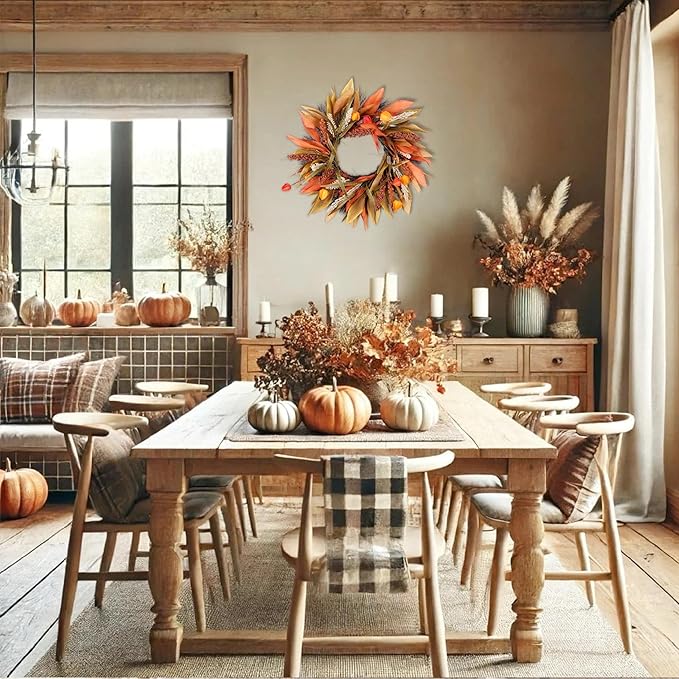 Fall Corn Husk & Berry Door Wreath for Front Door 24 Inch, Festive & Rustic Farmhouse Autumn Harvest Wreath, Fall Decor for Home Door Wall Porch Window, Orange/Yellow/Brown