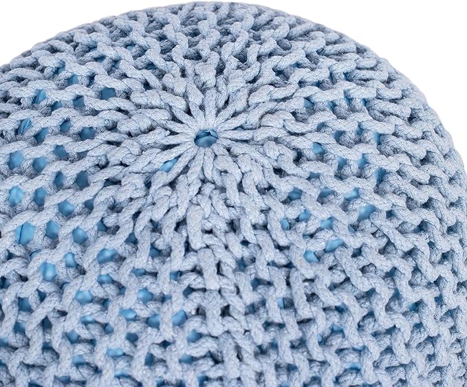 BIRDROCK HOME Round Pouf Ottoman | Cotton Braided Foot Stool with Bean Bag Filling | Boho Foot Rest for Living Room & Bedroom | Compact & Comfortable Seating, Lightweight & Soft | Soft Blue