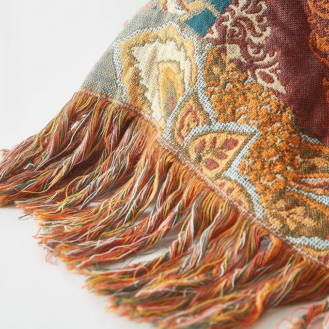 Boho Throw Blanket for Bed 80”x90”, 100% Cotton Woven Blanket for Couch Sofa, Ultra Soft 4-Layer Muslin Quilt with Patchwork Floral Printed, Farmhouse Bed Blanket/Cover for Living Room Decor